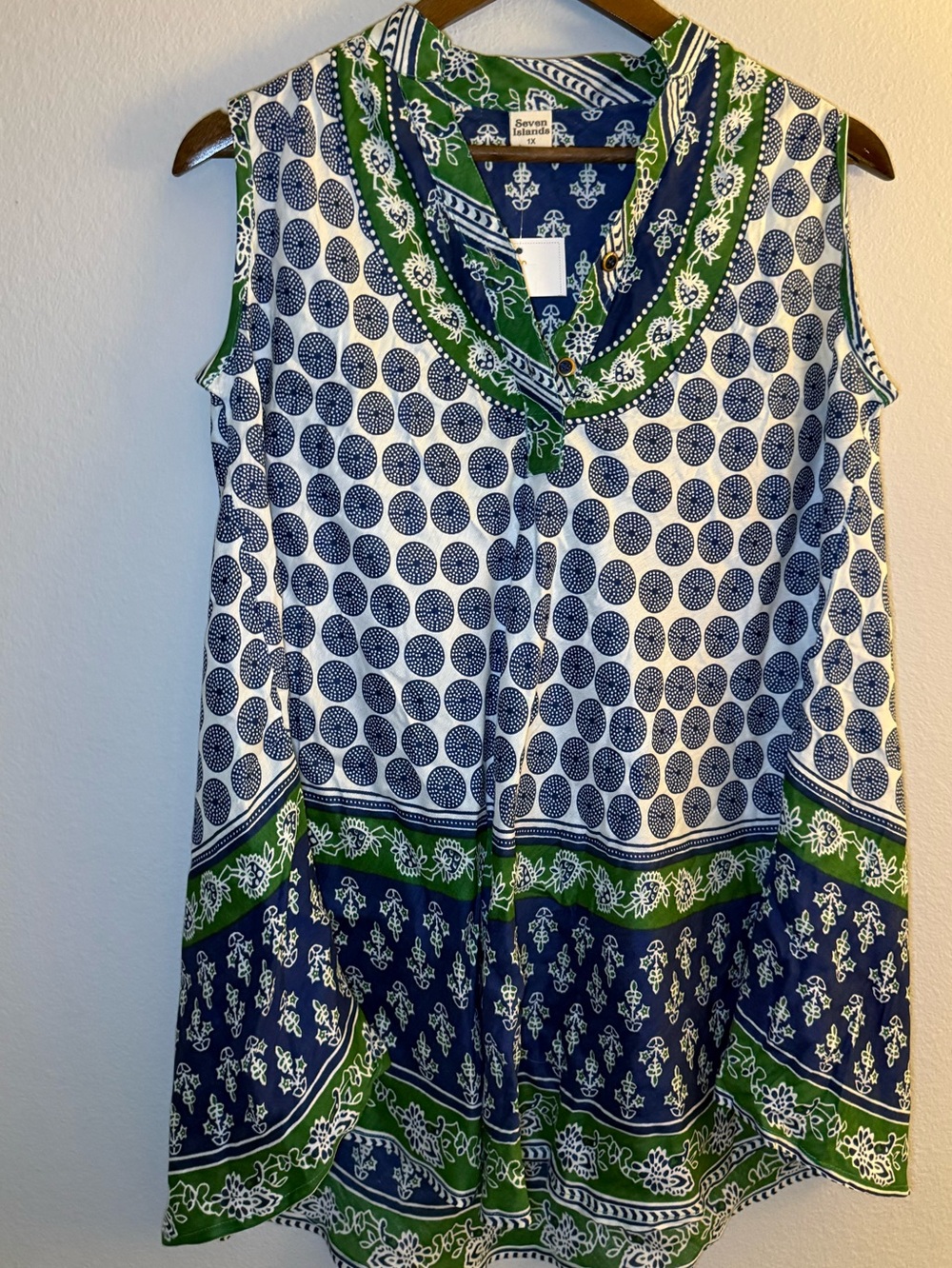 Sleeveless V-Neck Printed Tunic in Navy and Green by Seven